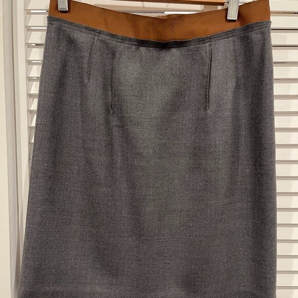 Ann Taylor LOFT gray wool skirt with camel ribbon waist SIZE 4 - Picture 1 of 5